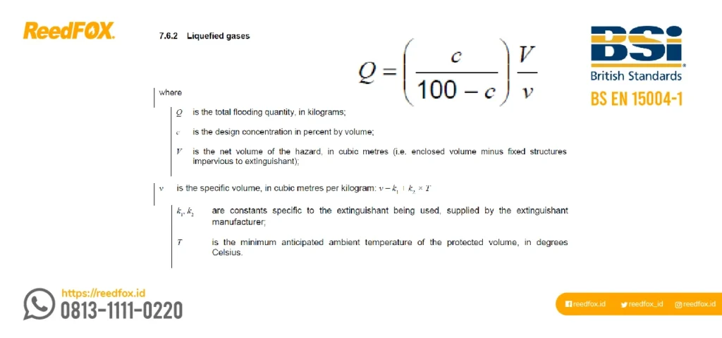 Equation formula rumus cara menghitung FM200 versi BS EN 15004-1 British Standard.