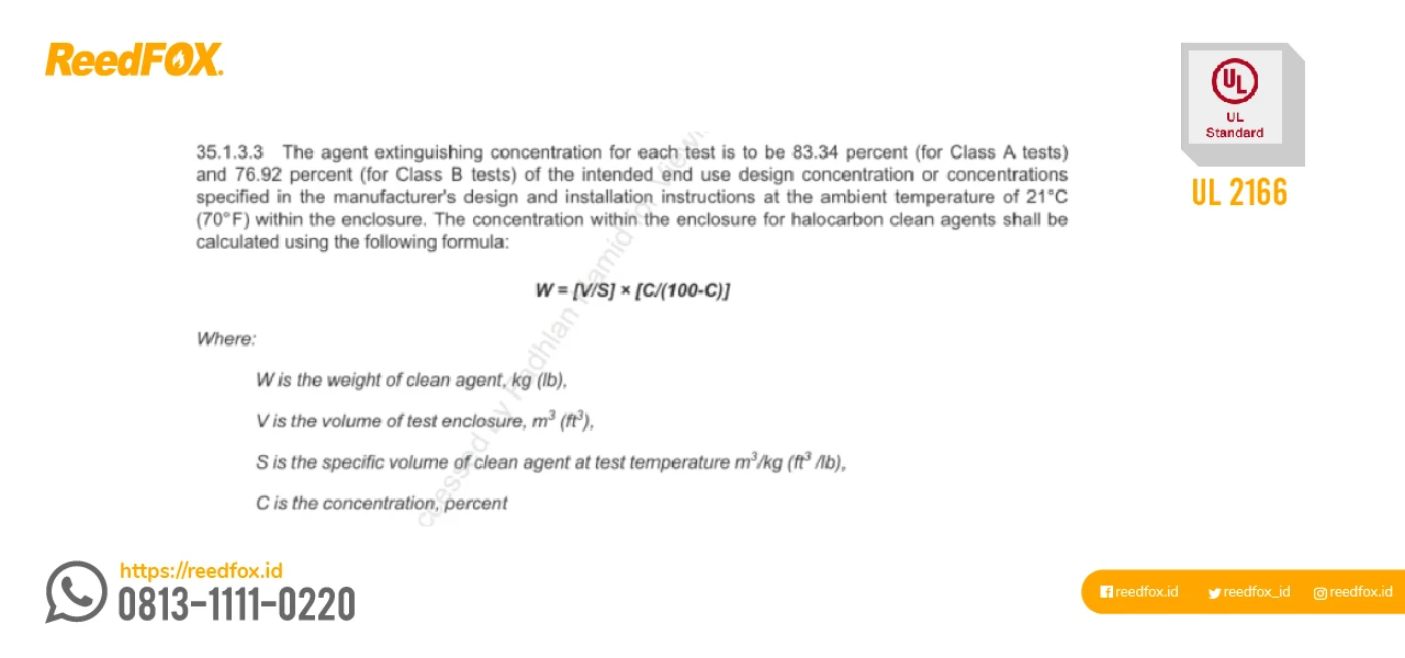 Equation formula rumus cara menghitung FM200 versi UL 2166.