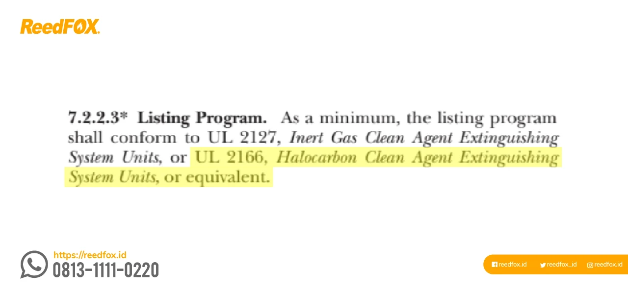 UL Listing Program adalah dasar acuan untuk menentukan nilai minimum extinguishing concentration suatu kebakaran pada bahan yang diuji/dibakar sebagai referensi cara menghitung FM200.