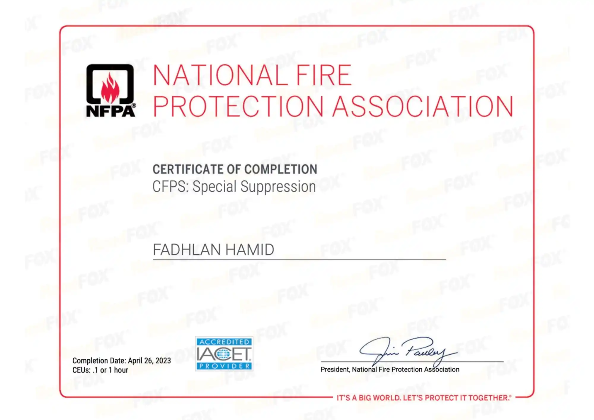 Sertifikat NFPA CFPS Special Suppression FadhlanHamid FHD ReedFOX