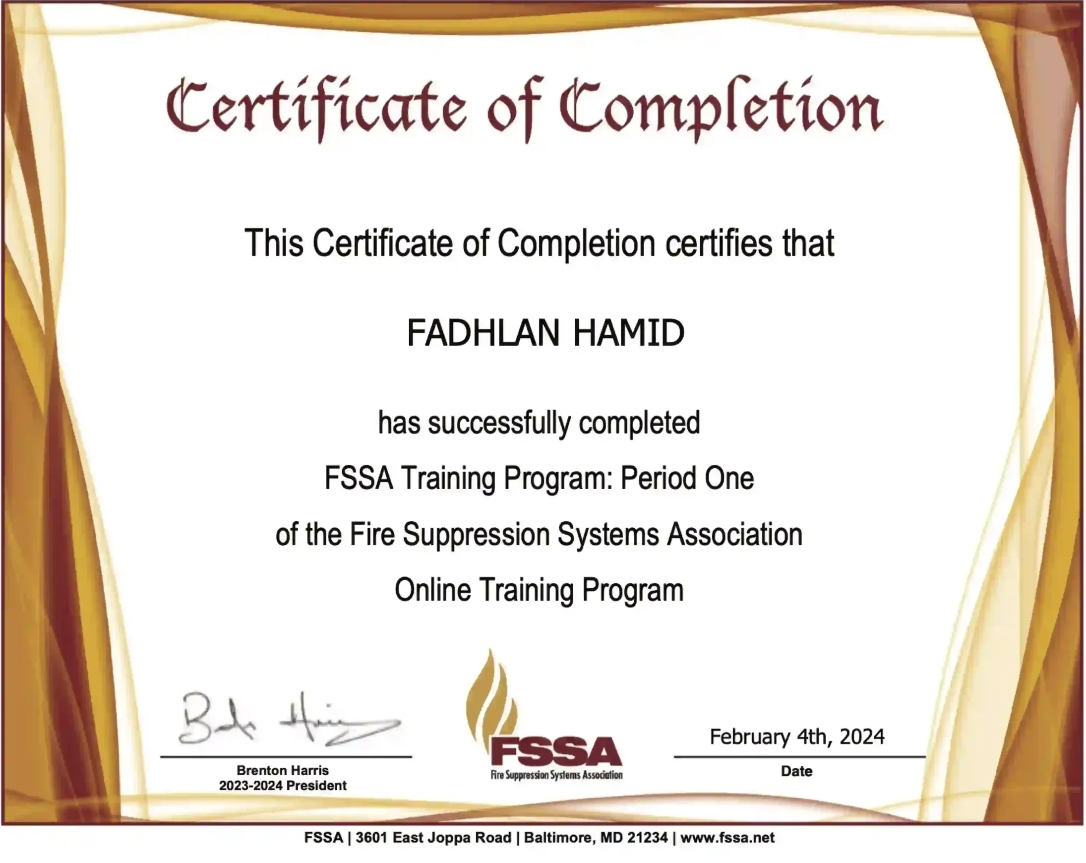 Sertifikat FSSA Period 1 Fadhlan Hamid ReedFOX