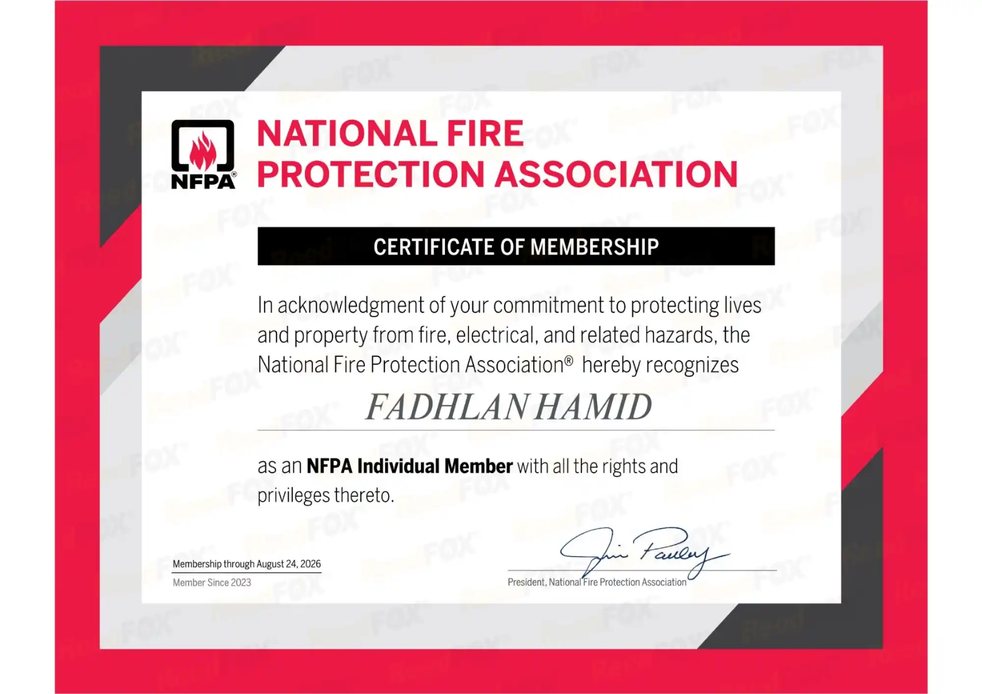 NFPA Membership Certificate 2025 Fadhlan Hamid Fire Suppression Engineer FHD ReedFOX