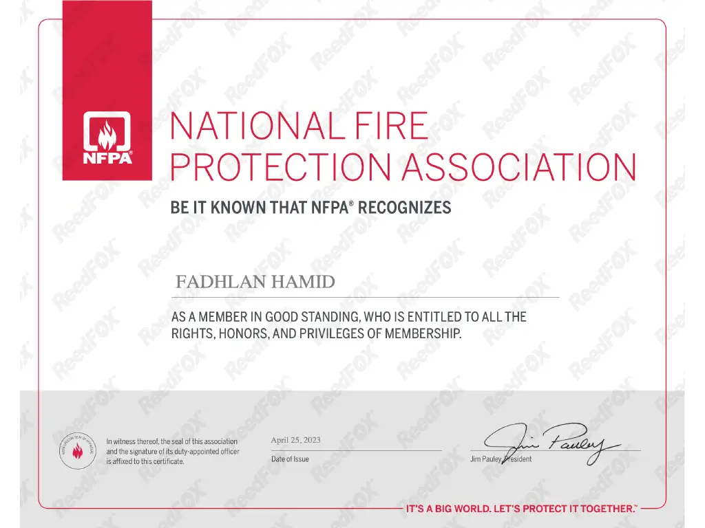 sertifikat member nfpa fadhlan hamid reedfox