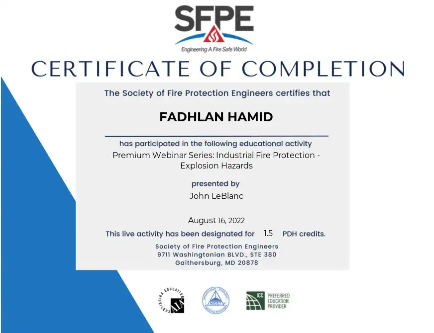Sertifikat SFPE Fadhlan Hamid ReedFOX Industrial Fire Protection Explosion Hazards