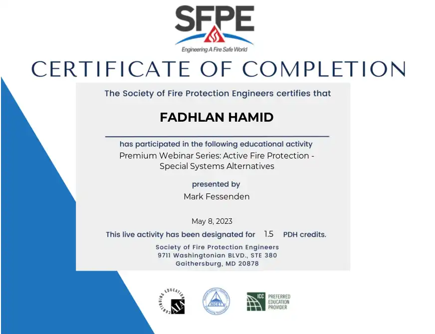 Sertifikat SFPE Fadhlan Hamid ReedFOX Active Fire Protection Special Systems Alternatives