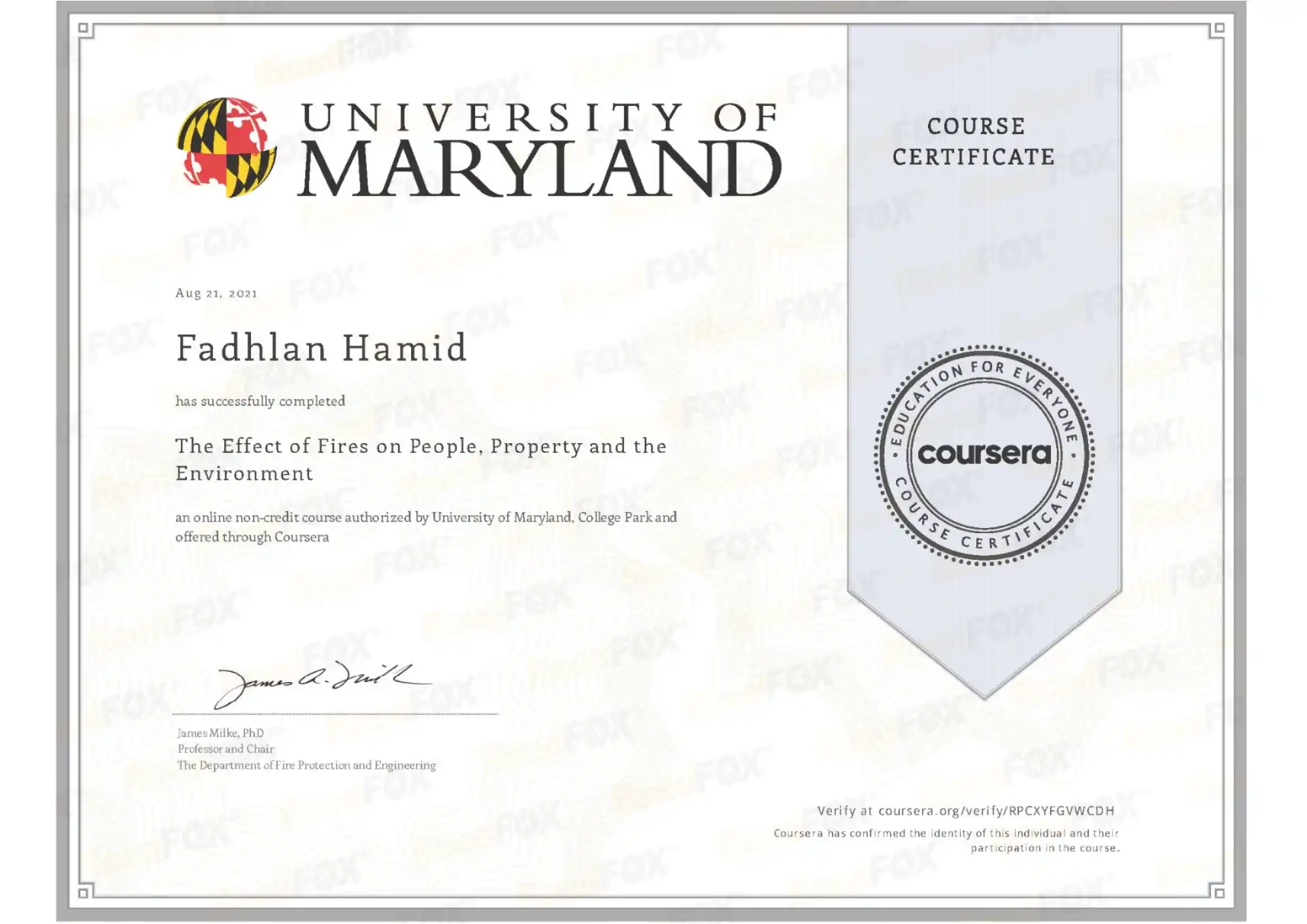 Sertifikat University of Maryland Fadhlan Hamid Fire Suppression Engineer ReedFOX FHD