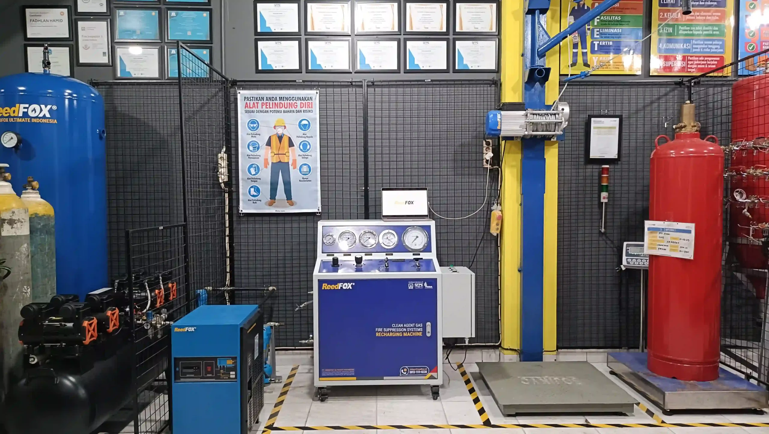 Workshop refilling station ReedFOX Clean Agent Gas Fire Suppression Systems. Isi ulang gas refill FM200, HFC227ea, refill FK5112, refill Novec, refill Inertgas