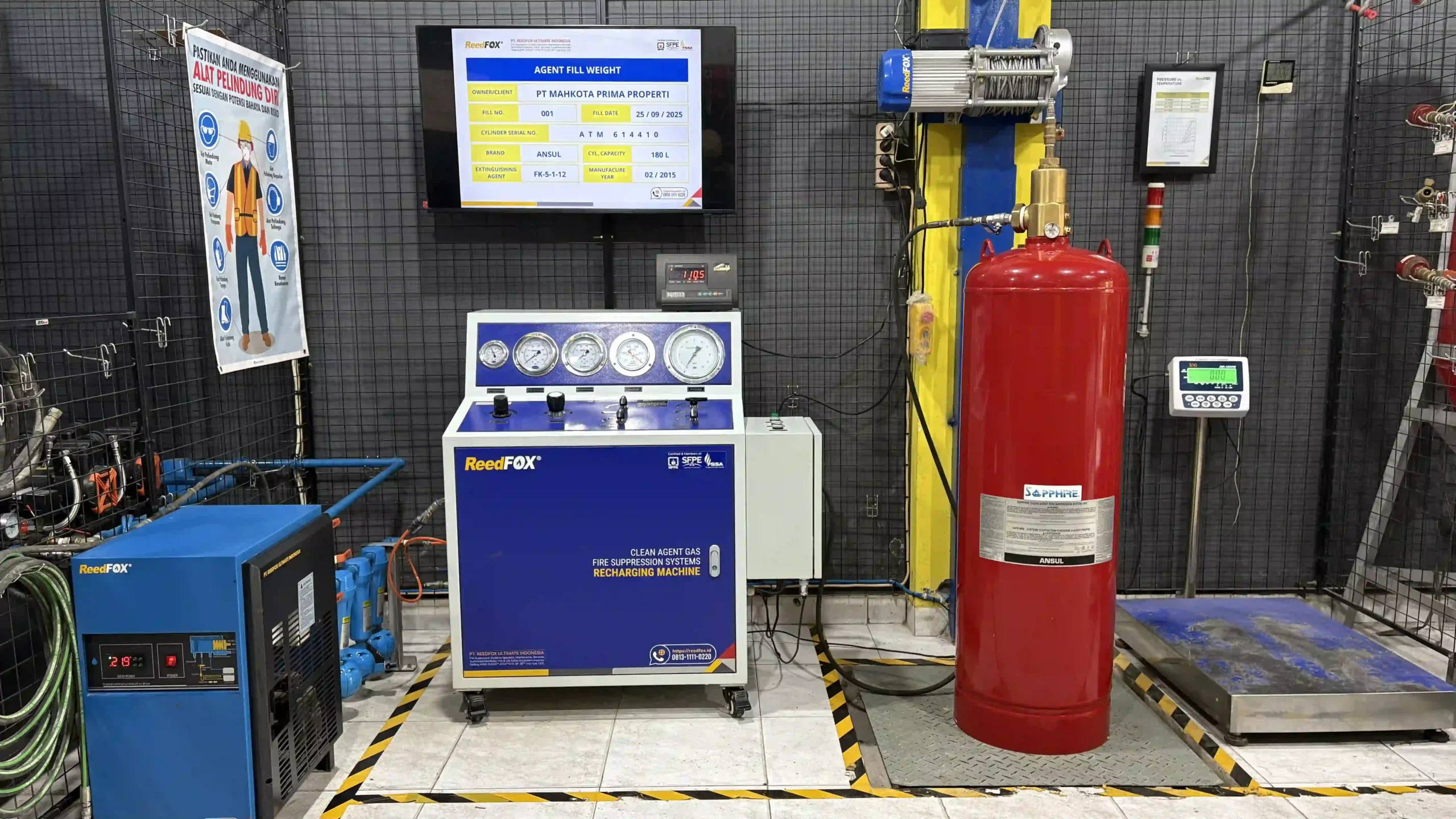 Workshop refilling station ReedFOX Clean Agent Gas Fire Suppression Systems. Isi ulang Refill FM200, FM-200, HFC-227ea, FK-5112, refill Novec, refill Inert Gas