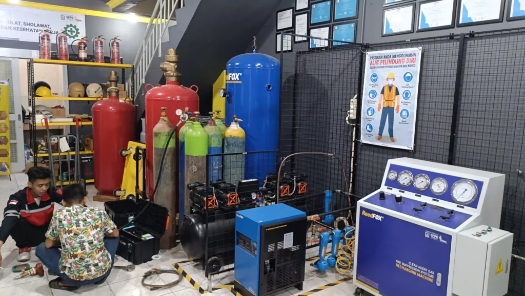 Fasilitas workshop refill FM200 HFC-227ea dan Novec FK5112 terlengkap se Indonesia untuk jasa pengisian ulang tabung clean agent gas fire suppression systems