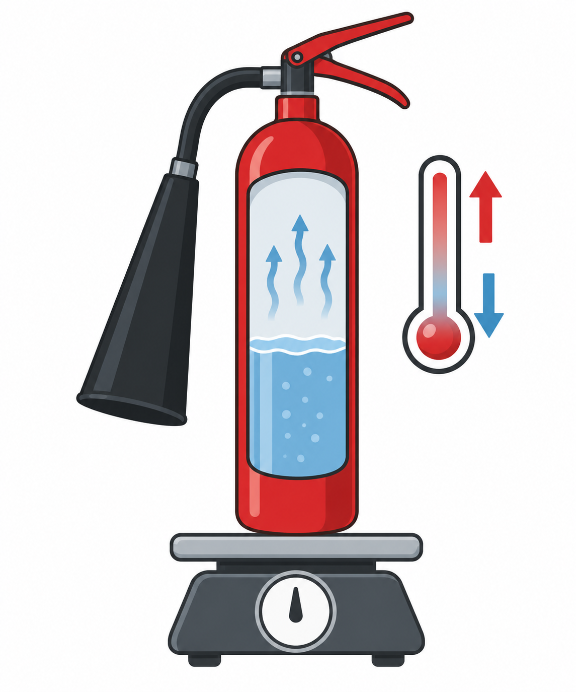Diagram APAR CO2 dengan cairan dan uap di dalam tabung, simbol suhu, serta penimbangan terhadap label